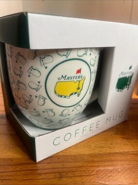 2026 Masters Branded Coffee Mug in White with Yellow & Green Logos